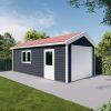 kunststof garage met zadeldak. Kunststof wanden anthrazit RAL7016, kunststof loopdeur en dubbel raamkozijn in wit RAL9016, sectionaal garagedeur in wit, dakpanplaten rood. Wanden en dak geisoleerd. Romahaus