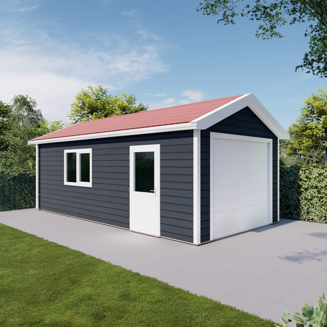 kunststof garage met zadeldak. Kunststof wanden anthrazit RAL7016, kunststof loopdeur en dubbel raamkozijn in wit RAL9016, sectionaal garagedeur in wit, dakpanplaten rood. Wanden en dak geisoleerd. Romahaus