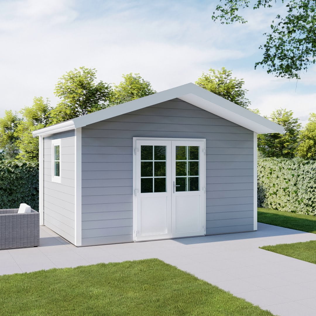 Kunststof tuinhuis Verona dubbele deur zilvergrijs wit